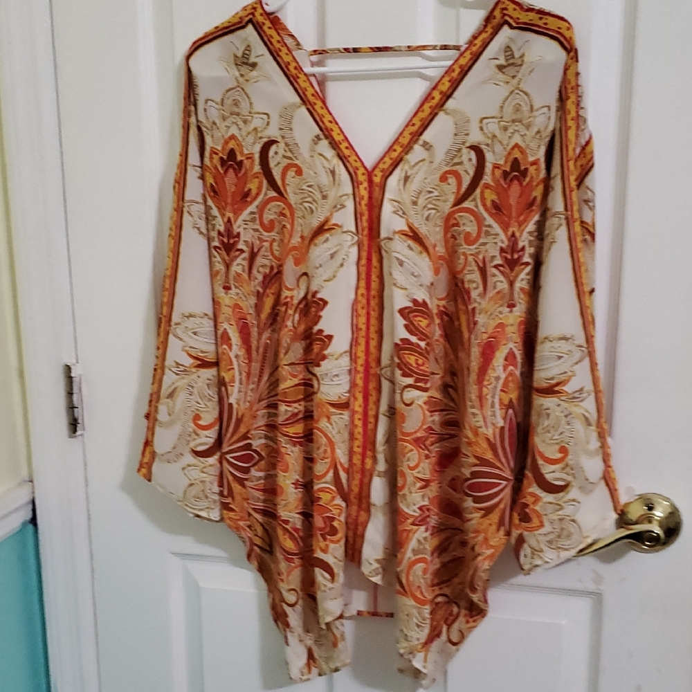 Jane & Delancey Boho Hippie Bright Orange Floral V-Neck Dolman Sleeves Top 3X